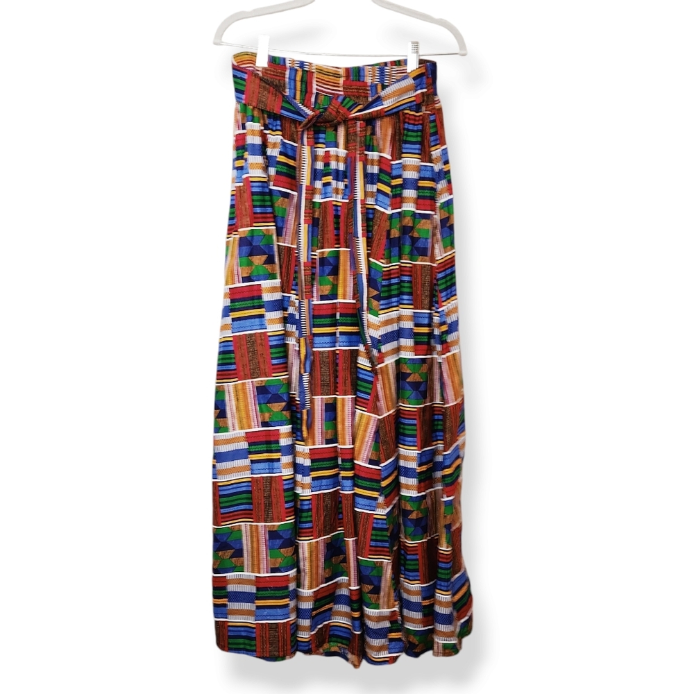 African Kente Maxi Skirt Printed Blue Red Yellow Elastic Tie Waist